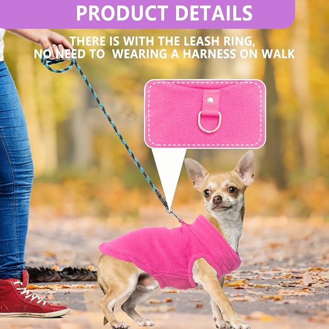 2 Pack Dog Sweater with Leash Ring Winter Warm Pet Sweater Thick Clothes Coat Fleece Dog Sweaters for Small Dogs Girl Boy for Chihuahua, French Bulldog, Dachshund (Pink,Purple, Small)