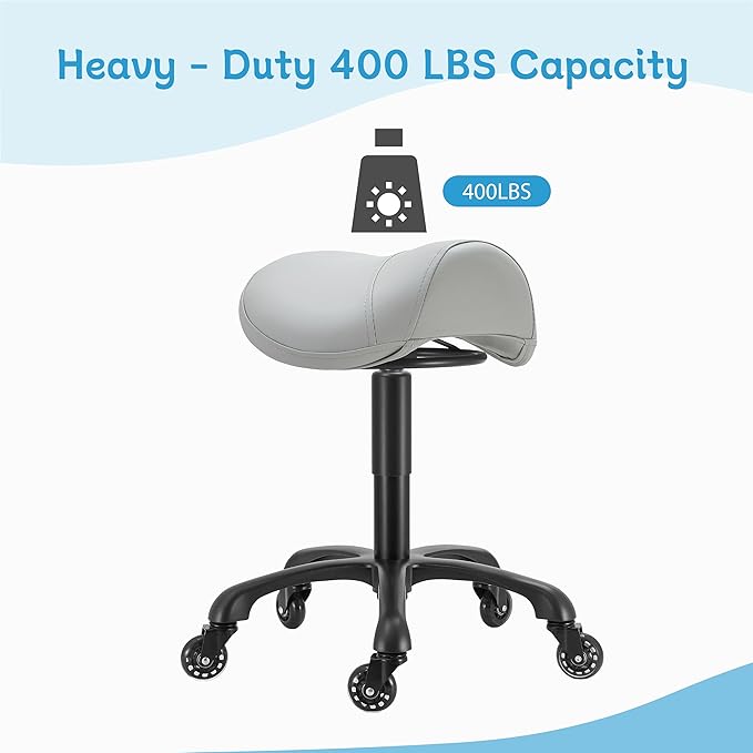 Saddle Salon Stool with Wheels,Heavy Duty Adjustable Rolling Stool for Barber, Tattoo, Nail,Spa,Dentist(Gray)