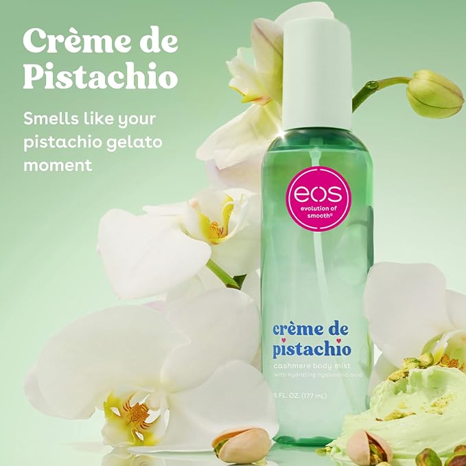 eos Cashmere Body Mist, Crème de Pistachio, Body Spray for Women, Pistachio Perfume, Hair Mist, Moisturizing, Hyaluronic Acid, Glycerin, Vegan, Cruelty-free, 6 fl oz