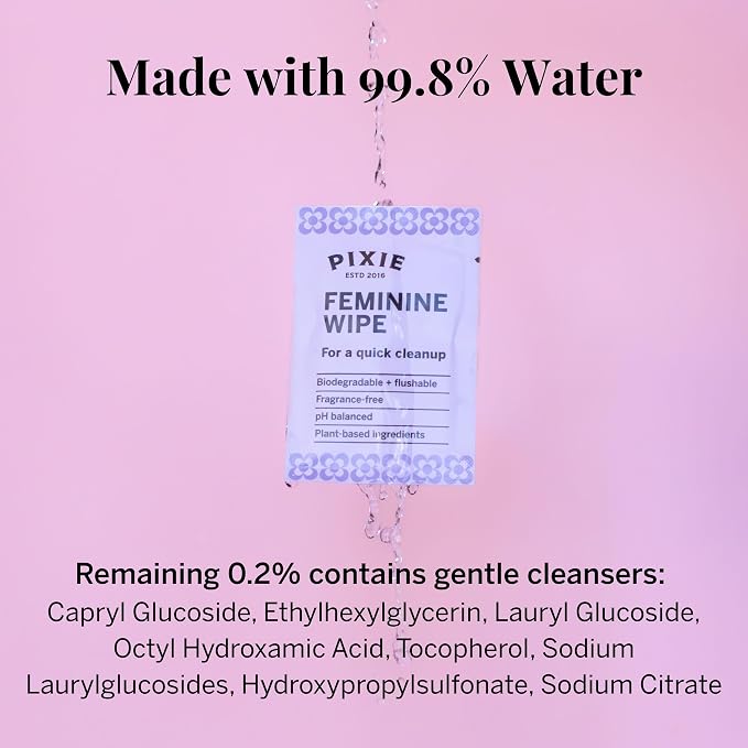 Pixie Feminine Wipes - Flushable, Biodegradable, & Ph Balanced - Individually Wrapped Packet Wipes for On The Go & Public Bathrooms - Wash & Cleaner For Your Menstrual Cups & Discs (1 Pack of 10)