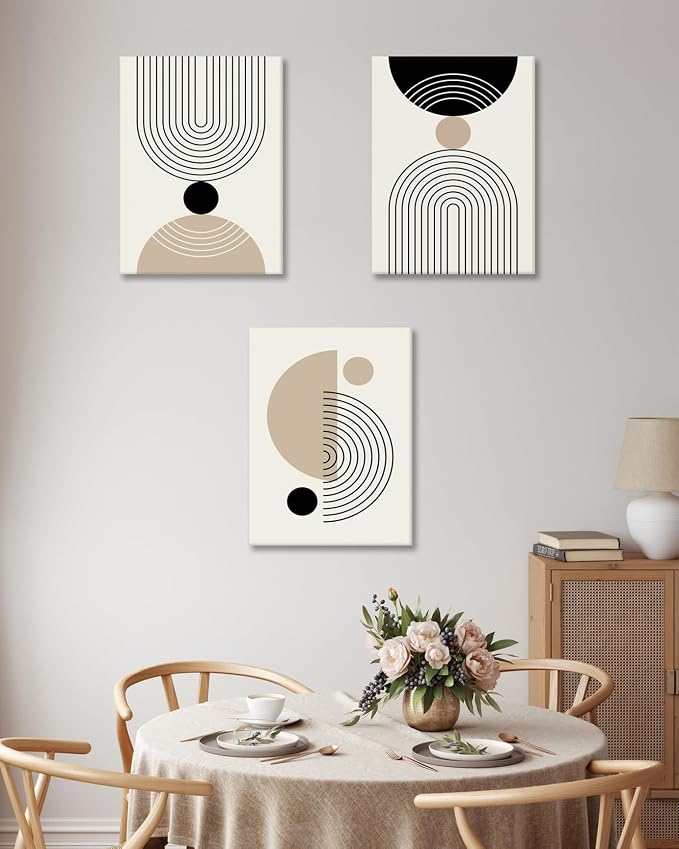 HesenDot Abstract Geometric Wall Art Set of 3, 40x60CM Minimalist Line Framed Canvas Prints, Boho Modern Beige Black Shapes Wall Decor for Living Room Bedroom Bathroom Office Home