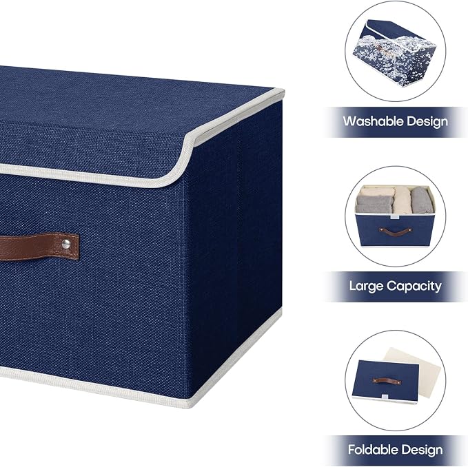ANMINY Fabric Storage Box Bins with Lids, Blue, 13"x9"x7.9", 4 Pack | Keepsake Memory Storage, Cotton Linen, PP Board Reinforced, Washable, PU Handles, Foldable & Stackable, Decorative, Medium
