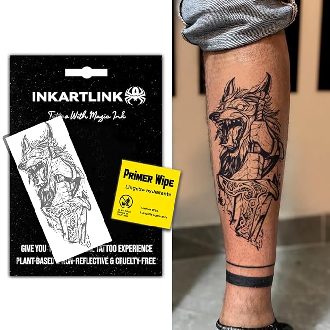 INKARTLINK Semi Permanent Tattoo, Creative Party Tattoo, Exquisite and Realistic Design, Interesting Tattoo Experience, Cruelty-free, Non-reflective, Waterproof (Wolf Swordsman)
