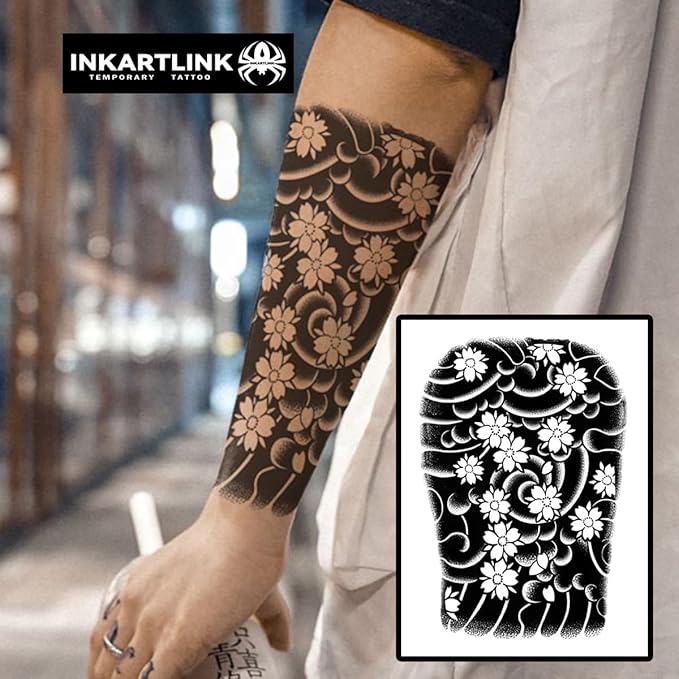 INKARTLINK Semi Permanent Tattoos, Temporary Tattoos, Adult Art Designs, Arm Tattoos for Cool Guys, Party Favors, Waterproof, Realistic, No Adhesive, No Reflective (Artistic Flower Arm)