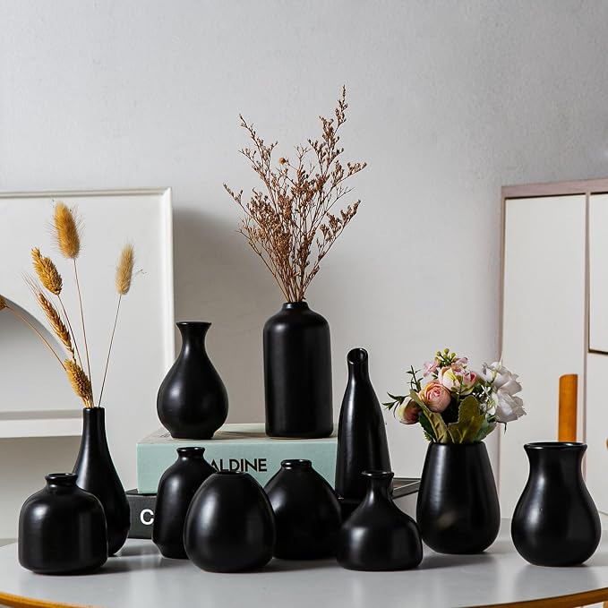 Tanvecle Small Black Vases, Ceramic Bud Vase Set 11, Modern Home Decor | Mini pottery vases for pampas grass, flowers, minimalist home decor, wedding centerpiece for dining table living room shelf