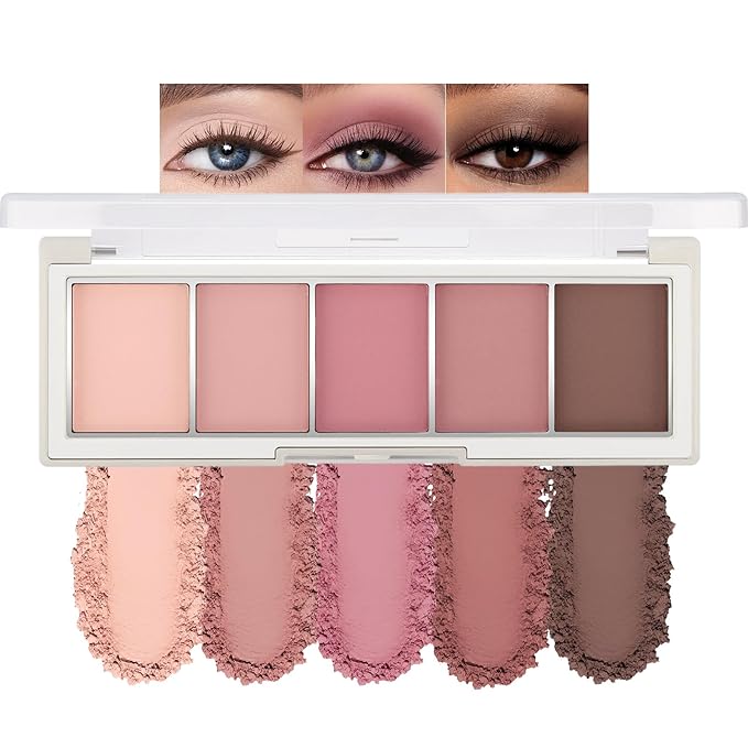 Erinde 5 Colors Matte Eyeshadow Palette Makeup, Natural Classic Nude Neutral Nude Brown Eye Shadow, Long Wearing Waterproof Everyday Eye Makeup for Brown Eyes, Romantic Peach Mauve Eyeshadow, 04