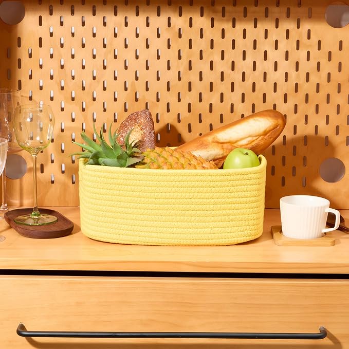 MiniArk Small Storage Baskets for Organizing | Closet Organizer Bins | Shelf Toy Basket | Woven Rope Baskets | Cube Decorative Box | Shallow Basket | 13x8.5x5.1” | 4 Packs Yellow