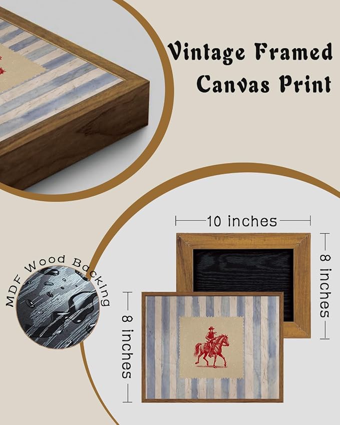 ZZLWBKGL Western Wall Decor Cowboy Canvas Art Vintage Framed Wall Art | Country West Stamp Artwork Mid Century Aesthetic for Living Room Bedroom 8x10in