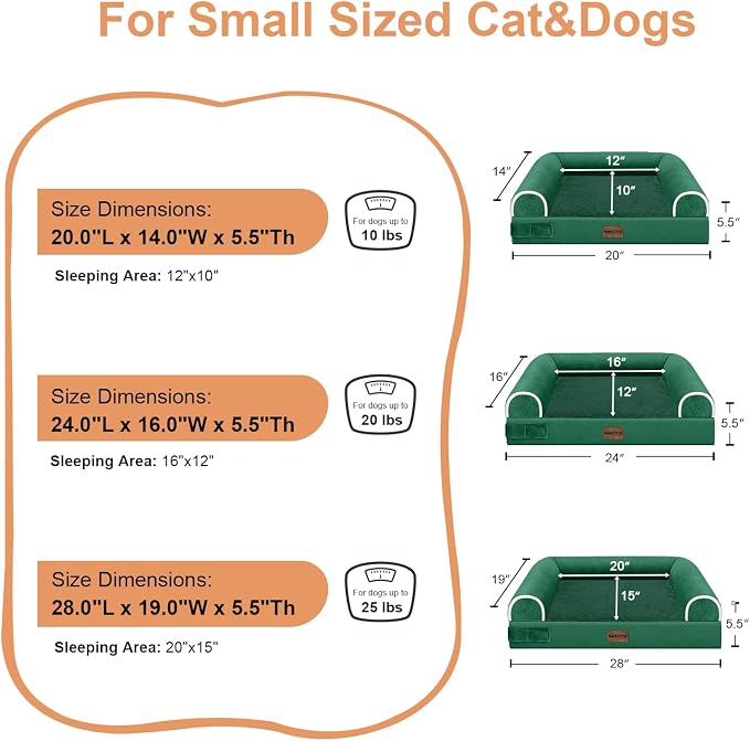 Orthopedic Dog Bed for Small Dogs, 24 x 16 Inch, Emerald | Egg crate foam for joint support, 3-sided bolster pet sofa, waterproof lining, washable cover, and non-skid base