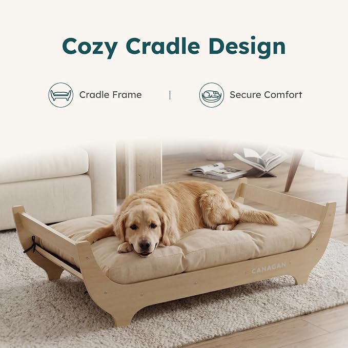 CANAGAN Elevated Wood Dog Bed Frame with Cushion, WoodPattern, Large | Raised Dog Couch Bed with Washable Cover and Plush PP-Filled Cushion, Furniture-Style for Indoor Living