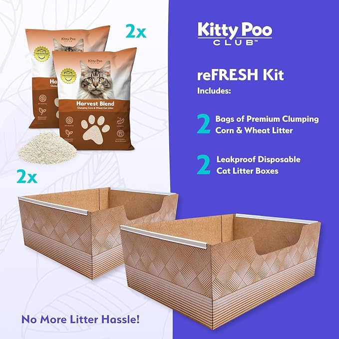 Kitty Poo Club Disposable Cat Litter Box 2-Pack with Corn & Wheat Litter | Plant-Based Clumping Formula Helps Neutralize Ammonia Odor, Scoops Cleanly, Feels Soft on Paws, and Fits Multi-Cat Households