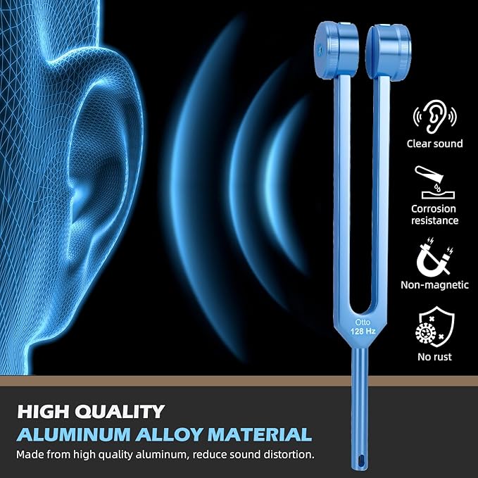 Tuning Forks for Healing, 4 PCS Aluminum Alloy Tuning Fork 128Hz, 136.1Hz, 256Hz, 384Hz, Hockey Puck Activator & Feet, Chain, Weighted & Unweighted Tuning Fork Set with Vegan Leather Pouch