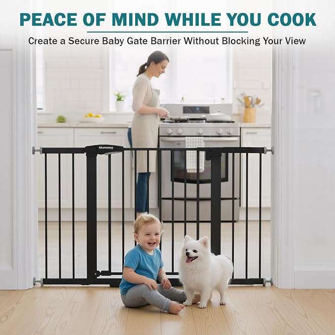 Mumeasy 29.7–48" Baby Gate for Stairs, Dog Gate for Doorways, Auto Close Child Gate, Indoor Safety Pet Gate with Walk Thru Door, Easy Install Pressure Mounted Extra Wide Gate for Kitchen, House, Black