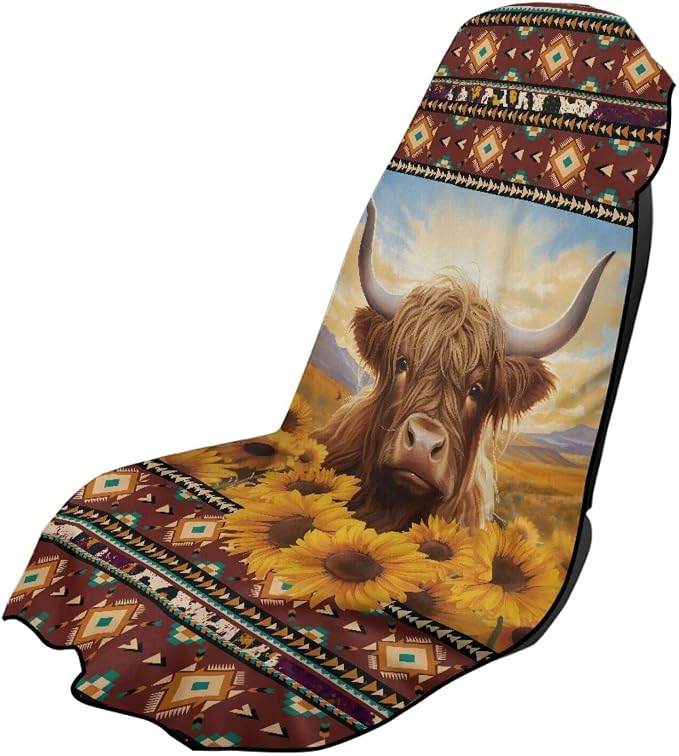 INSTANTARTS Aztec Sunflower Highland Cow Car Seat Towel Cover Yoga Towel Car Seat Cover