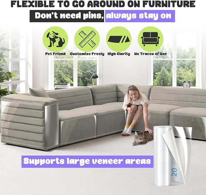 JINVOGREEN Cat Scratch Furniture Protector, 2 Pack, 196.8 x 11.8 in | Thickened Transparent Self-Adhesive Couch Protectors Designed to Help Shield Furniture from Cat Claws and Scratching