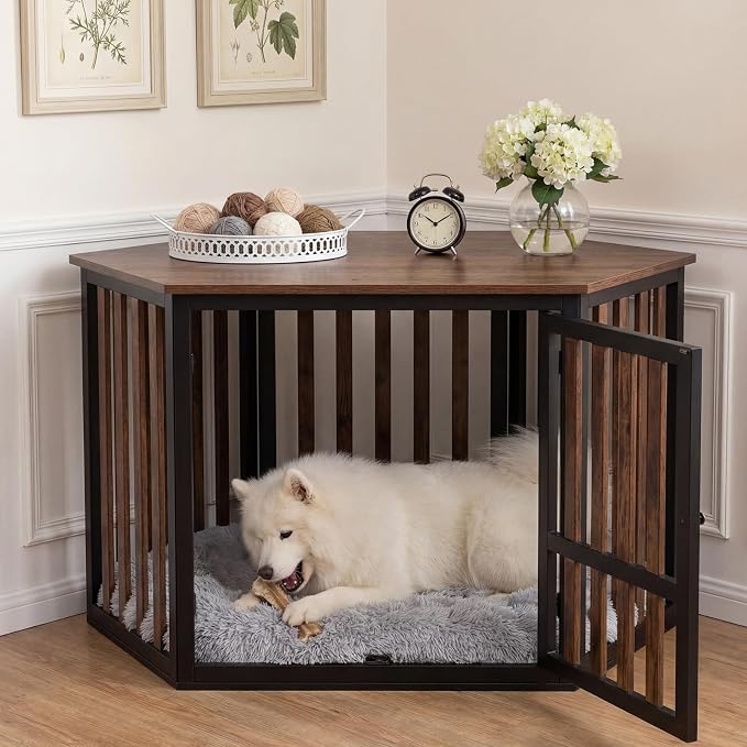 LemonRoad 42.5 Inch Corner Dog Crate Bed Pad Washable Dog Kennel Pad Mat Furniture for Large Dogs Thick Plush Crate Pet Cage Sleeping Bed Pet Corner Side Table (Only Mat)