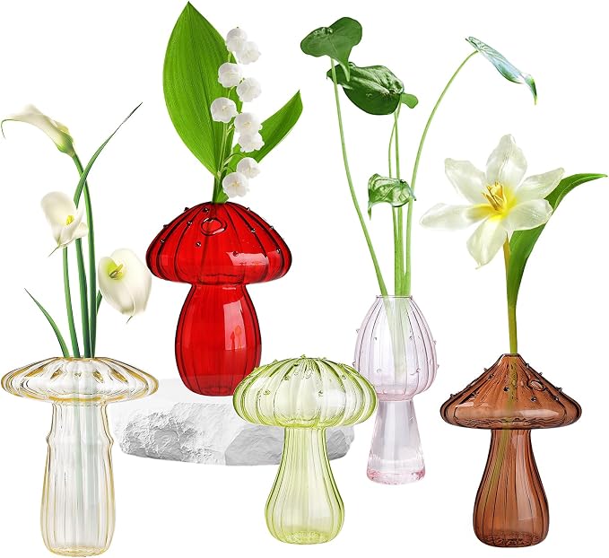 5 PCS Mushroom Shaped Glass Vase, Planters Clear Hydroponic Vase, Flowers Plants for Decorative Centerpiece,Table Decor,Home Wedding Party (5 Color)