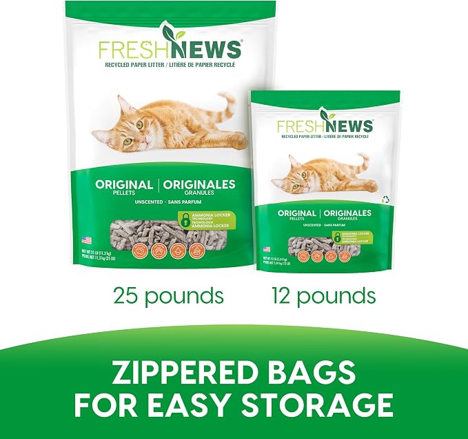 Fresh News Recycled Paper Original Pellet Cat Litter, 12 Pound, Non-Clumping, Unscented, Made in USA (Pack of 3)