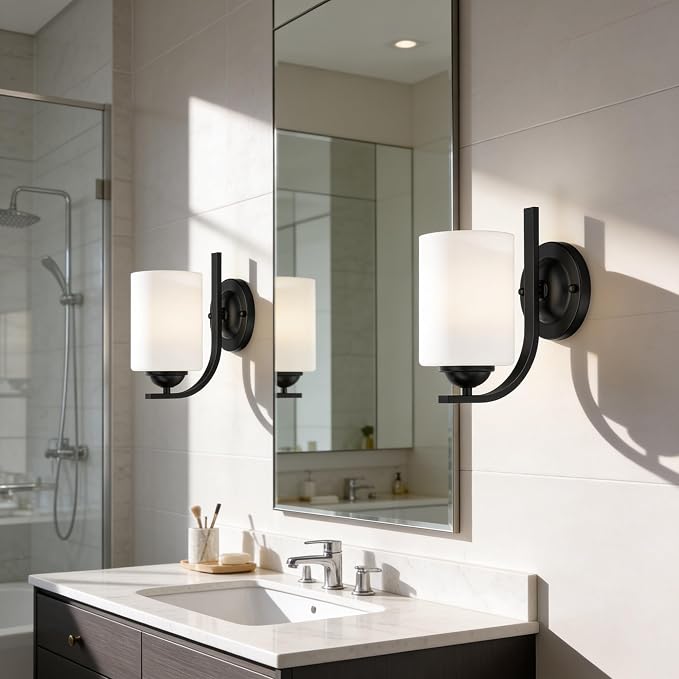 2-Pack Wall Sconces for Bedroom and Bathroom, Matte Black Farmhouse Wall Light Fixtures with Glass Shade, Modern Vanity Wall Lamps for Living Room, Hallway, Kitchen
