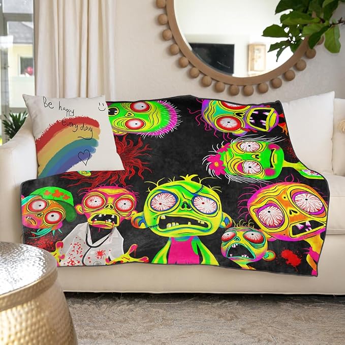 Blacklight Horror Scary Throw Blankets UV Reactive Funny Zombie Throw Blanket Glow in the Dark Under Black Lights Game Room Decor Soft Throw Gifts 59x51 Inches