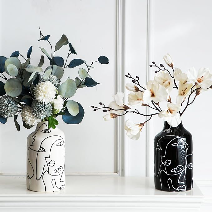 Kimdio Ceramic Vase Set, 2pcs Black and White Abstract Irregular Design Flower Vases, Modern Home Decor Living Room Decor Minimalist Decorative Vase for Pampas Grass