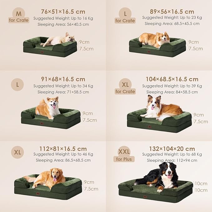 EHEYCIGA Orthopedic Dog Beds for Large Dogs, Waterproof Memory Foam Large Dog Bed with Sides, Non-Slip Bottom and Egg-Crate Foam Pet Couch Bed with Washable Removable Cover, Dark Green | Non-Slip Bottom and Egg-Crate Memory Foam XL Dog Couch Bed with W...