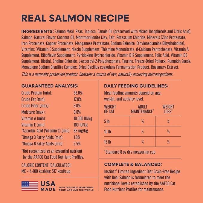 Instinct Limited Ingredient Diet Dry Cat Food, Real Salmon, 4.5 lb. Bag | Single animal protein and vegetable recipe, raw-coated kibble, wild-caught salmon, gentle on sensitive stomachs