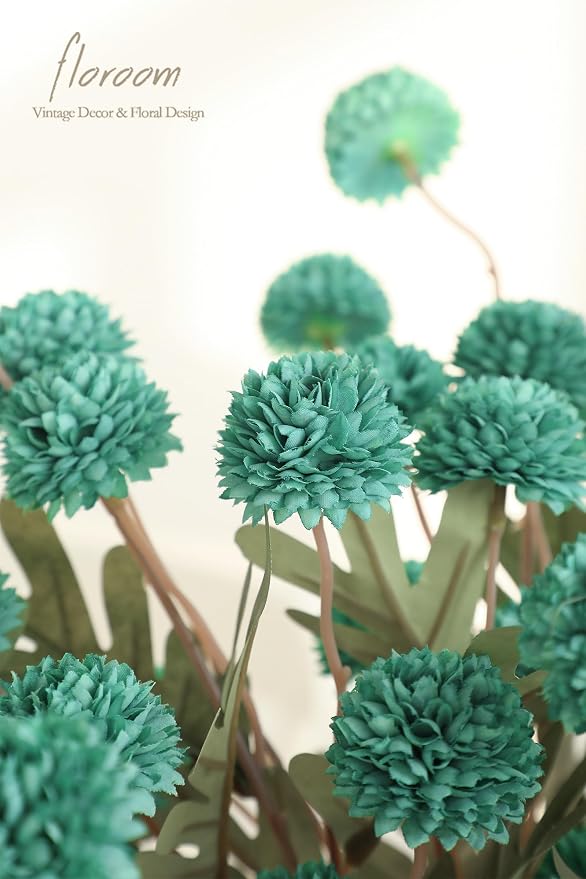 5pcs Teal Green Faux Silk Mums Artificial Flowers, Bulk Fake Small Mini Chrysanthemums with Stems for DIY Wedding Centerpieces Floral Arrangements Vase Fillers Home Decorations