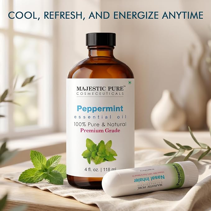 Majestic Pure Peppermint Essential Oil 4 Fl Oz | With Nasal Inhaler