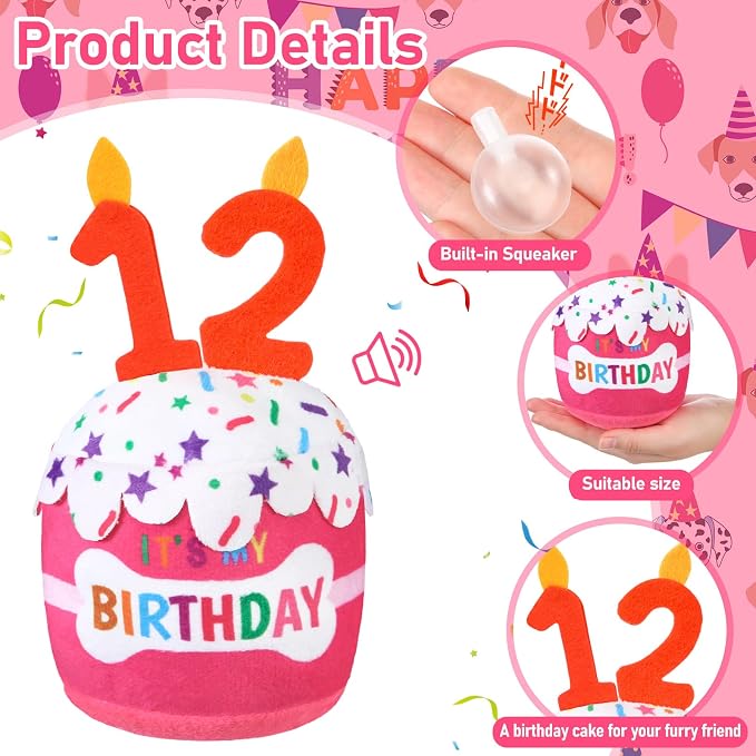 Dansydaisy Dog Birthday Cake Toy Squeaky Plush Gift,12th,Pink