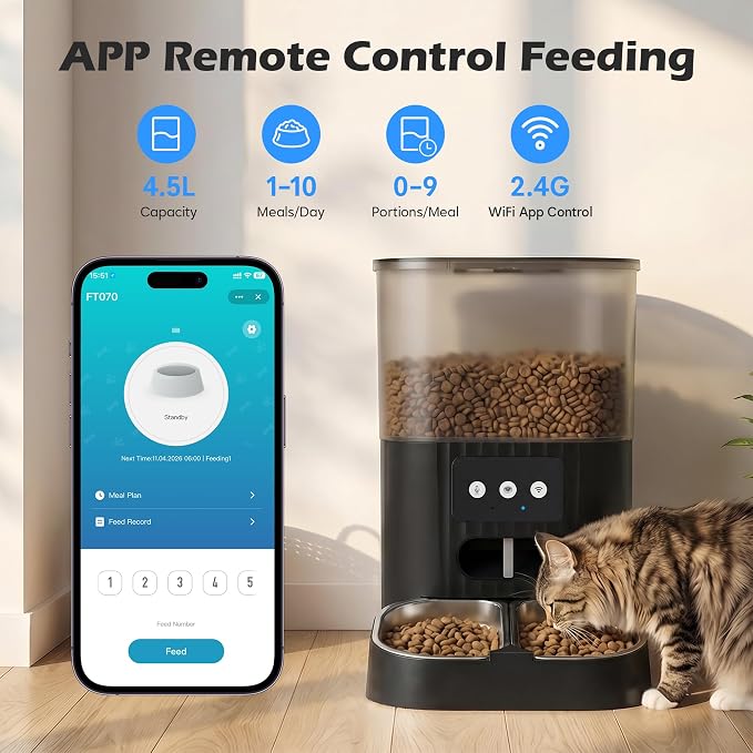 Automatic Cat Feeder, WiFi Cat Food Dispenser with App Control, Smart Dry Pet Food Feeder, 1–10 Meals Per Day, Voice Recording & Stainless Steel Dual-Bowl for Small Pets Indoor(4.5L, Black)