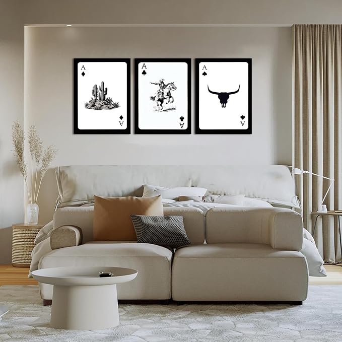Western Cowboy Wall Art Set of 3 Southwestern Cowboy Print Playing Card Canvas Wall Decor Longhorn Bull Skull Poster Picture Prints Painting for Bedroom Living Room 12x16 In Framed