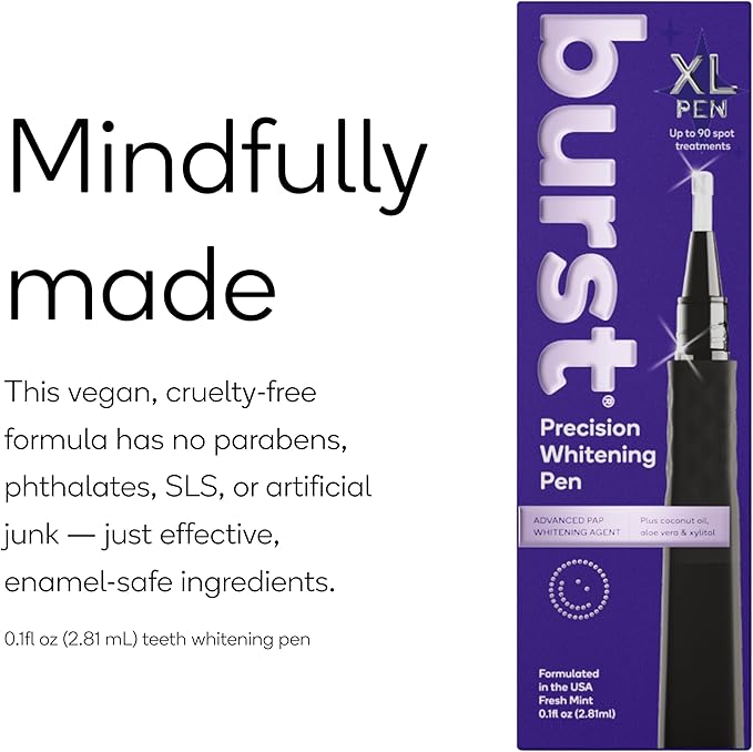Burst Precision Whitening Pen, 9% HP, 45 Whitening Treatments, Enamel Safe, Vegan, Paraben Free, Delicious Flavor, 1 Count