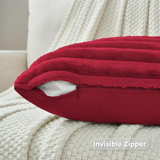 FUTEI Pack of 2 Faux Fur Throw Pillow Covers 12x20 Inch, Retro Red | Fluffy Faux Rabbit Fur Front/Premium Velvet Back,Hidden Zipper,Machine Washable,Non-Shedding,Colorfast,Insert Not Included.