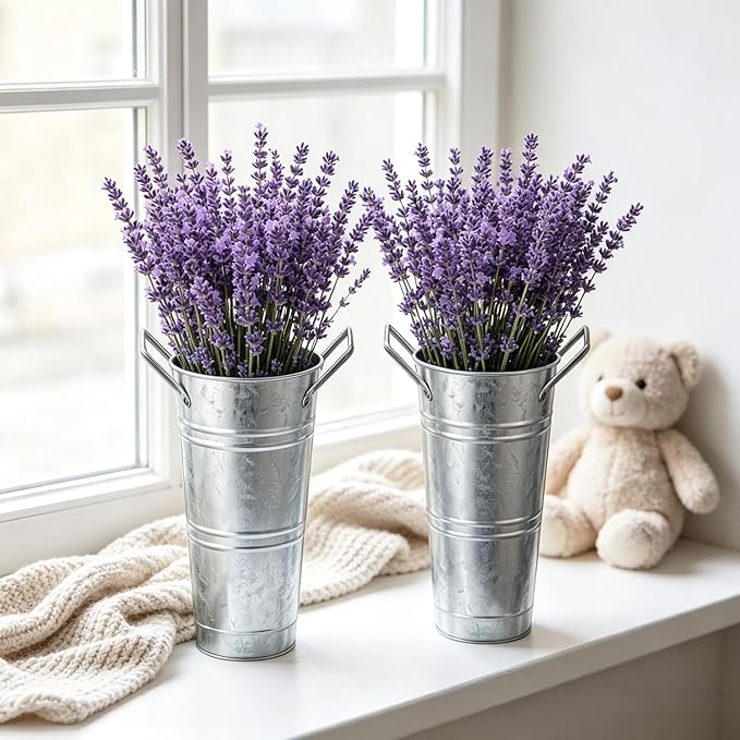 8 Pack Galvanized Metal Flower Buckets, 10 Inch French Country Style Decor Planter Rustic Vintage Tin Vase with Handle Farmhouse Style Floral Container Wedding Table