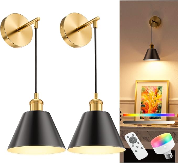 Gold & Black Battery Operated Wall Sconce Set of 2, 5200mAh Dimmable Detachable Bulbs and Remote Wireless Rechargeable Wall Lights, 9 Colors Sconces Wall Decor for Bedroom Living Room Hallway