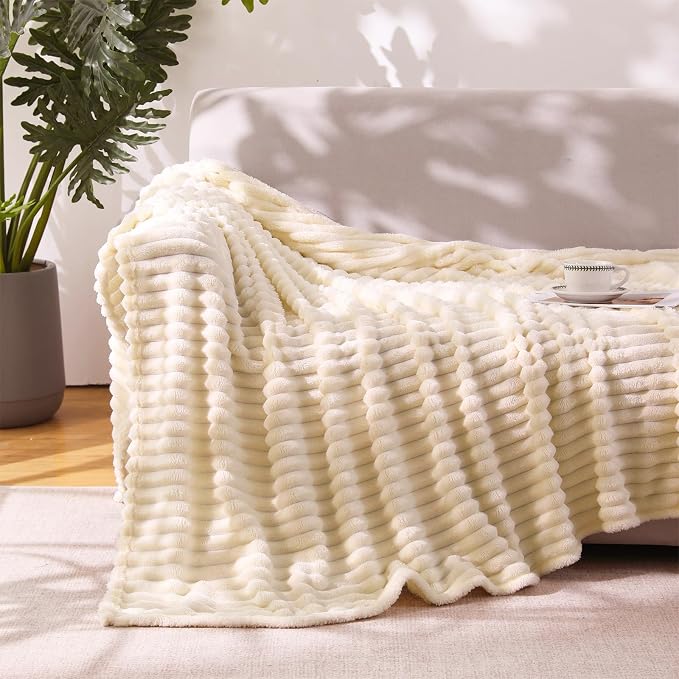 Beige Throw Blanket for Couch Sofa 60”x80” Striped Design