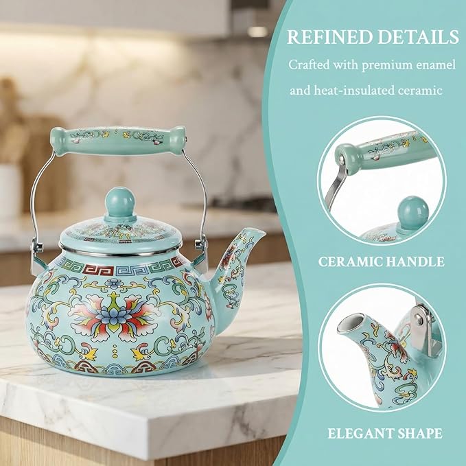 Pumtus 2.6 Quart Floral Enamel Tea Kettle, Vintage Enameled Teapot Stovetop, Enamel on Steel Water Coffee Tea Pot with Ceramic Handle, Colorful Hot Water Kettle for Home Kitchen Decor, No Whistling