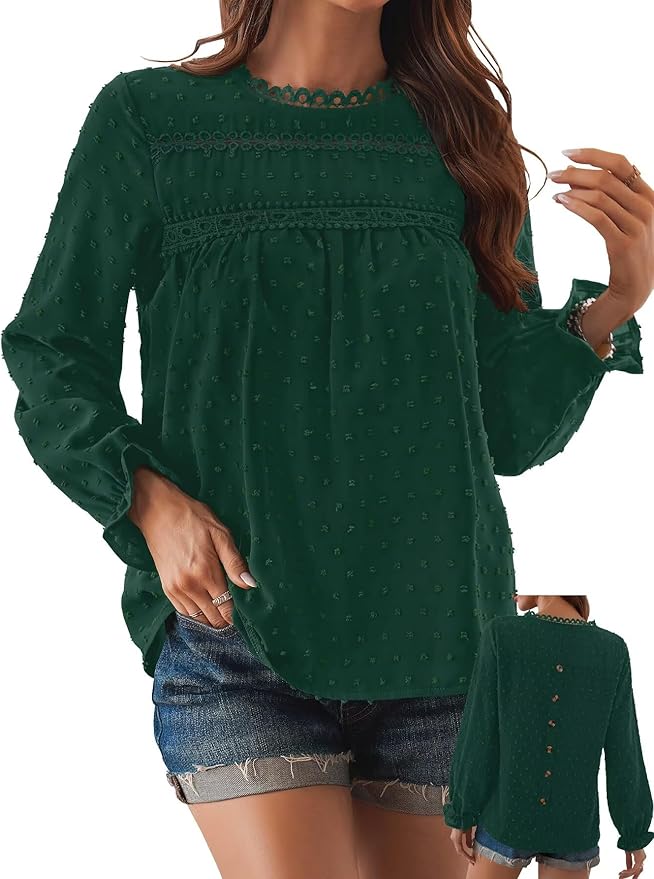 Womens Boho Tops Long Sleeve Shirts For Women Cute Crewneck Blouse Dressy Casual Swiss Dot Crochet Hollow Top 2026