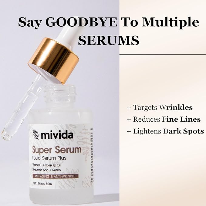 mivida Super Serum 4-in-1 Anti-Aging Face & Neck Serum | Retinol, Vitamin C, Hyaluronic Acid & RoseHip Oil | Reduces Fine Lines, Wrinkles & Dark Spots, Firms & Hydrates for a Youthful Glow – 1 Fl Oz