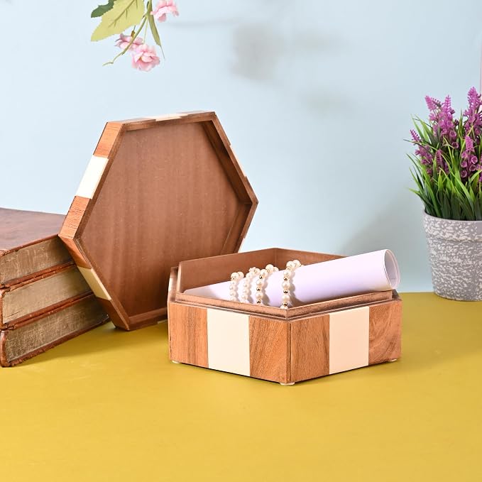 Perilla Home Hexagon Wooden Box, Brown and White, Wood and Resin, 9.54x8.07x3.15 Inch, Decorative