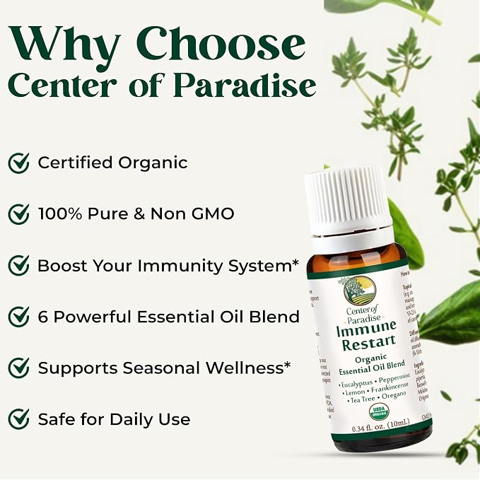 Center of Paradise Immune Restart Organic Essential Oil Blend, USDA Organic, 10 mL, Eucalyptus, Peppermint, Tea Tree, Lemon, Frankincense & Oregano for Diffuser & Aromatherapy