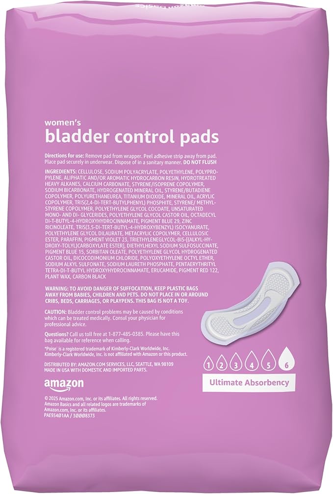 Amazon Basics Incontinence Pads for Women, Long, Postpartum, Bladder Control, Ultimate Absorbency, Fresh Protection, Unscented, 30 Count (Pack of 2)