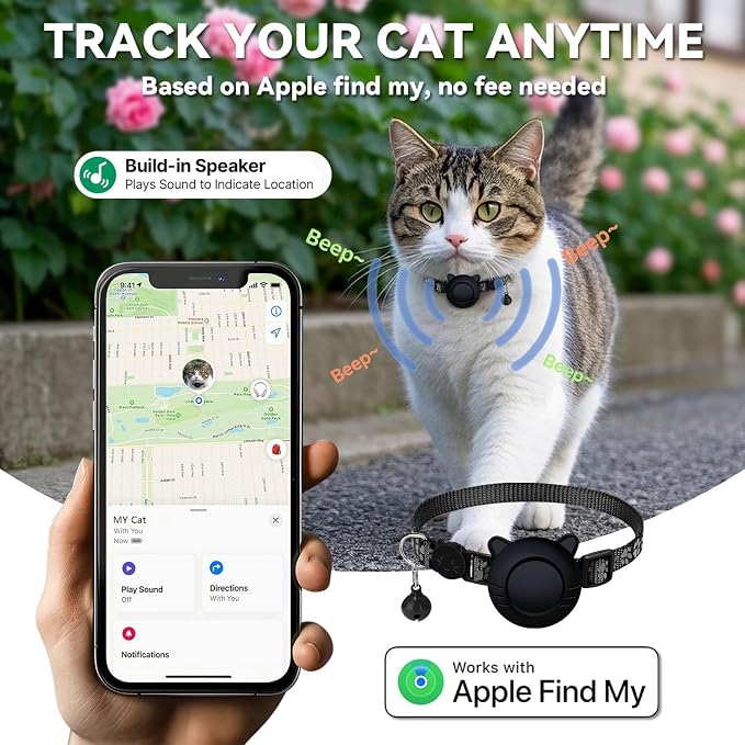 GPS Tracker for Cat Tracker Collar Waterproof Airtag Compatible with Apple Find My (iOS ONLY) No Monthly Fee Breakaway Design Reflective Pattern Bell Black Durable Cat Tracking