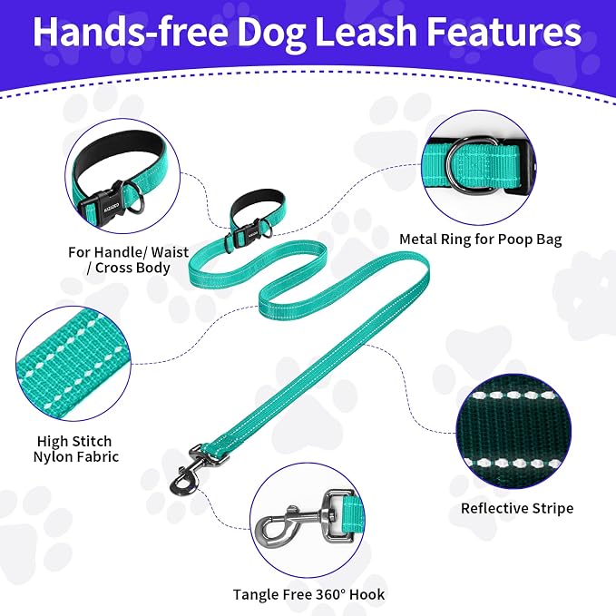 Kazazoo Hands-Free Dog Leash Adjustable Length 5-8 Ft,Crossbody & Waist for Dog Walking, Running for Small Dogs with Reflective Strips, Ballistic Nylon, Waist Belt, Lightweight Green