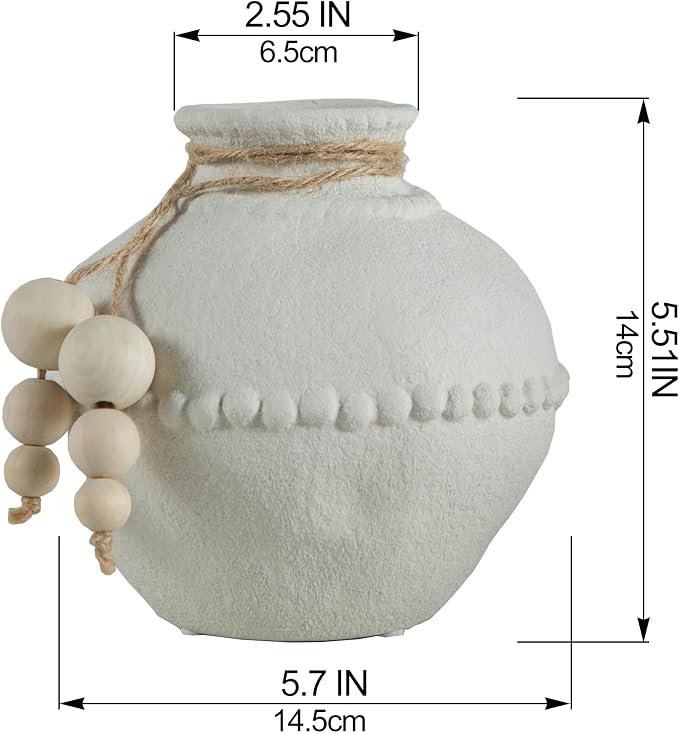 Mowtanco Rustic Ceramic Vase with Boho Wooden Beads, Matte Decorative Pottery for Modern Farmhouse and Bohemian Decor, Floral Arrangements, Bedroom, Shelf, or Side Table Accents