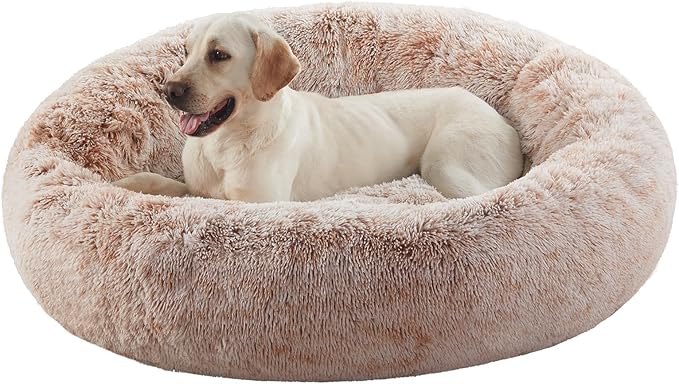 45 in Faux Fur Fluffy Donut Dog Bed for Extra Large Dogs,Brown | Calming Plush Round Jumbo Pet Bed with Removable & Washable Cover,Fits up to 120 lbs Pets
