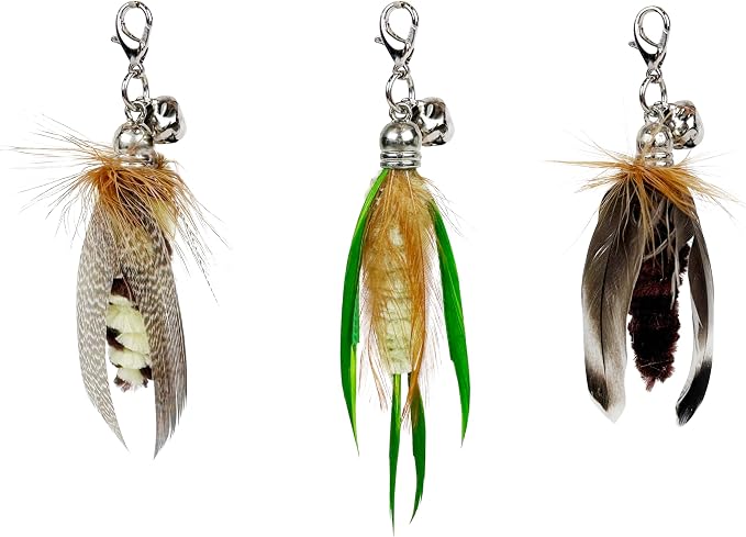 TTcat 3 Pack Mini Natural Feather Cat Wand Refills, Small Detachable Clip-on Feather Replacement Attachments with Bells, Universal Lobster Clasp Cat Teaser Refills, Hunting Prey Toy for Indoor Cats.