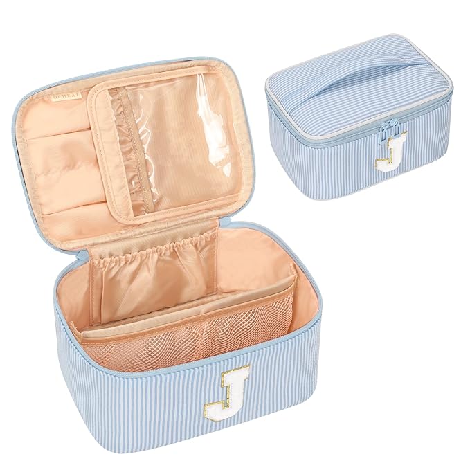 OCHEAL Makeup Bag Valentines Day Gifts for Women, Monogram Cosmetic Bag Blue Travel Makeup Case Beauty Toiletry Bag Organizer Personalized Gifts for Girls Bridesmaid, Sister, Wife, Friends Initial J