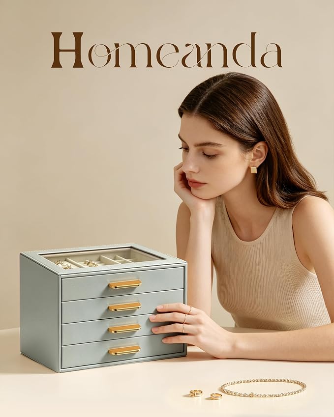 Homeanda Jewelry Boxes Organizer with Glass Lid, 4-Layer PU Leather, Grey | Modern style display case with 4 drawers for daily jewelry, women, mom or girl gift